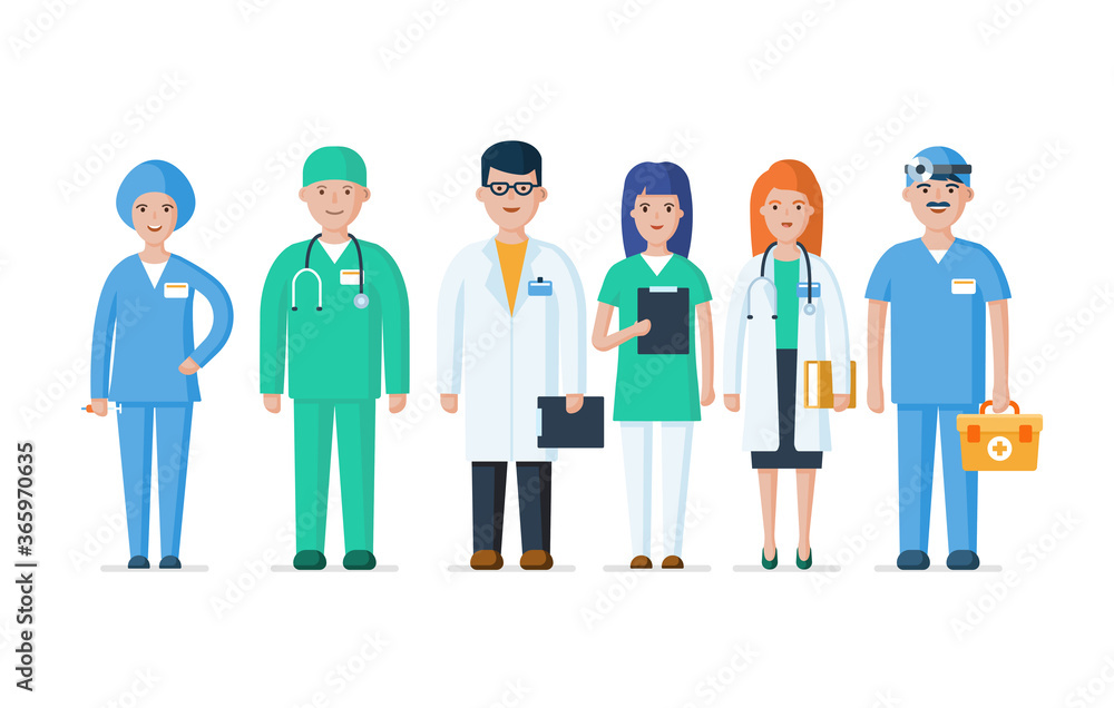 Group of doctors, nurses and other hospital staff. Medics characters flat vector illustration