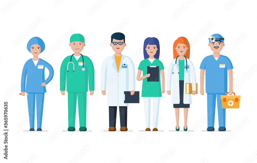 Group of doctors, nurses and other hospital staff. Medics characters flat vector illustration Group of doctors, nurses and other hospital staff. Medics characters flat vector illustration