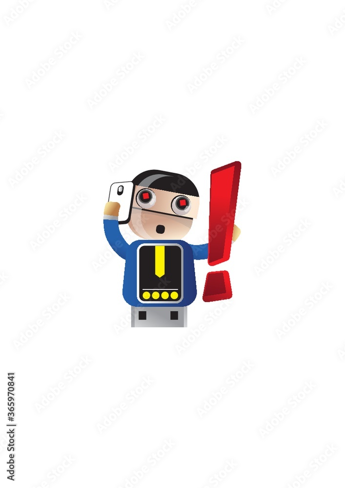 robot with mobile and exclamation sign