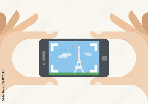 Taking a photo Paris Eiffel Tower. Mobile smartphone camera. photography sharing services (Instagram), people travel, tourism, holiday, famous beautiful places, landmarks, photographers, blog concepts