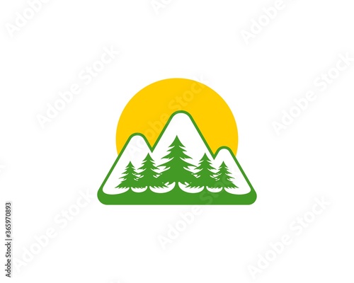 Simple mountain with pine tree and sun photo