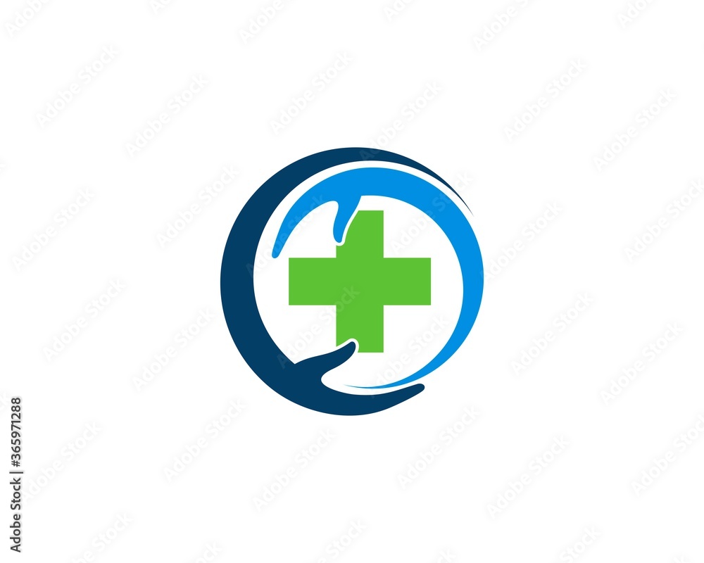 Circle hands care with medical symbol inside Circle hands care with medical symbol inside