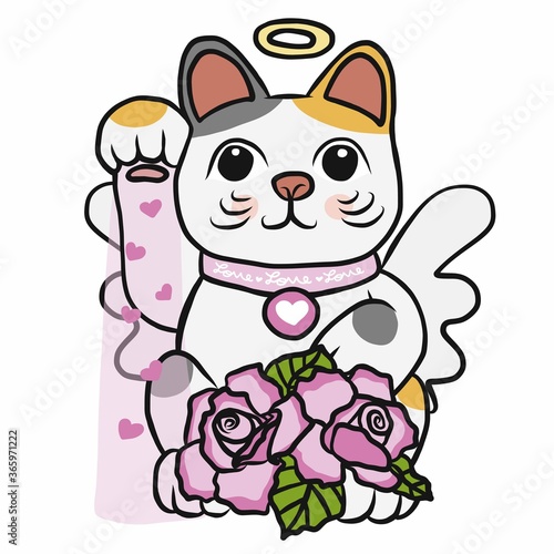 Lucky cat  Maneki Neko  god of love  cartoon vector illustration