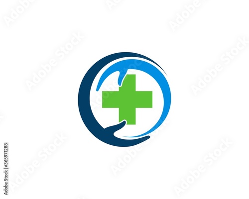 Circle hands care with medical symbol inside