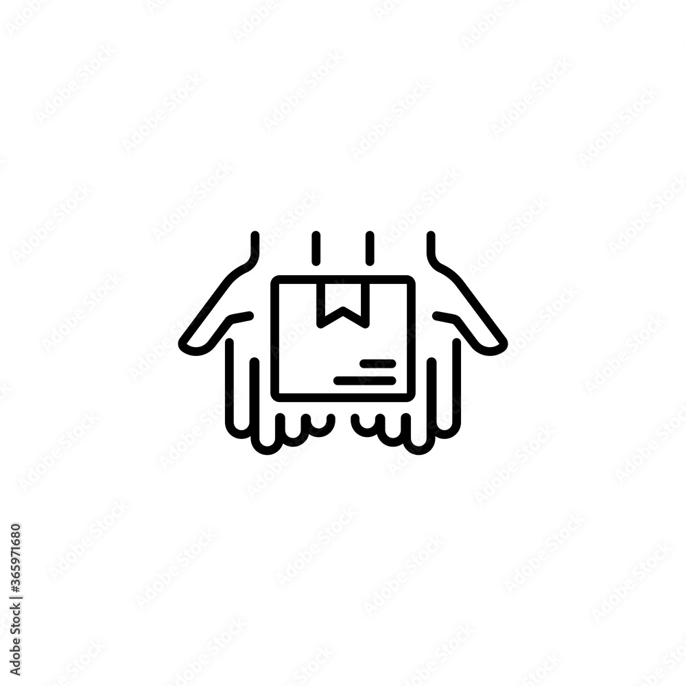 Delivery line icon. Hand holding package. Parcel box in palms . Shipment, shipping, courier service concepts, logo. Vector on isolated white background. EPS 10.