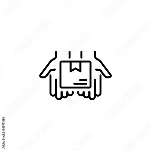 Delivery line icon. Hand holding package. Parcel box in palms . Shipment  shipping  courier service concepts  logo. Vector on isolated white background. EPS 10.