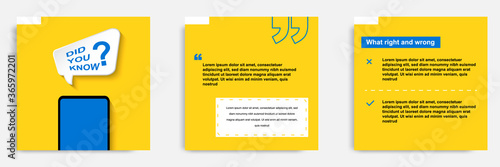 Social media tutorial, tip, trick, quick tips, layout template with geometric background design in blue, white, yellow color. Vector illustration
