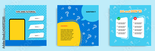 Social media tutorial, tip, trick, quick tips, layout template with geometric background design in blue, white, yellow color. Vector illustration