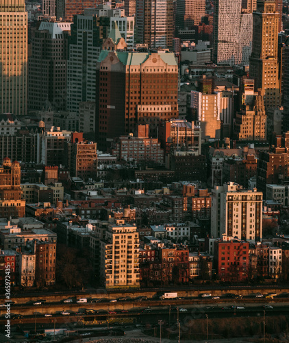 Closeup of Brooklyn buildings for downtown Manhattan during sunset