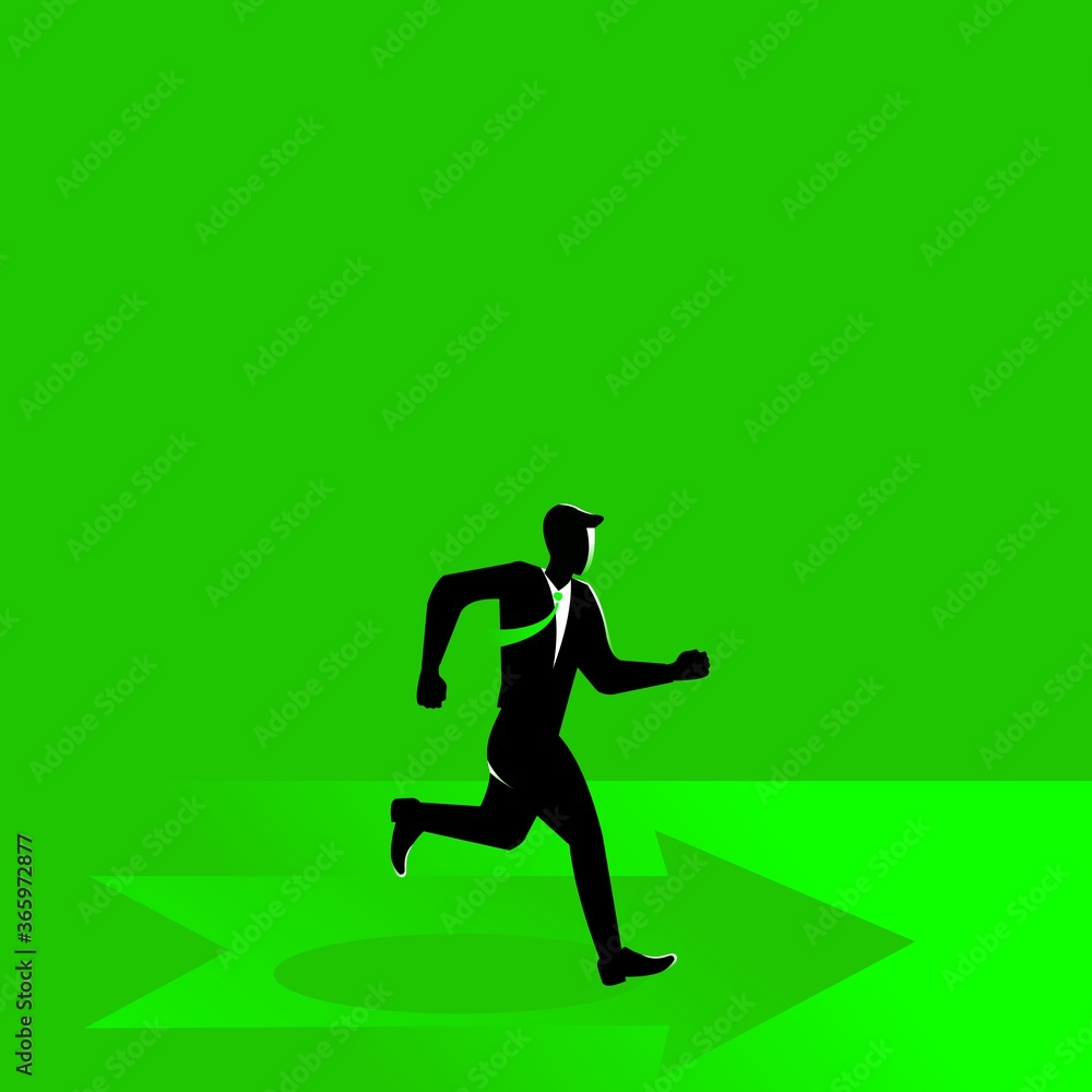 Business concept illustration of a businessman running follow the arrow
