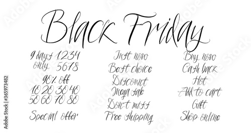 Set of brush  lettering on white background. Black Friday, Just Now, Best Choise, Discount, Mega Sale, Don`t Miss, Free Shipping, Buy Now, Cash Back, Hot, Add to Cart, Gift, Shop Online design