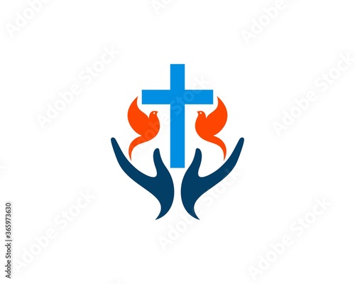 Praying hands with flying bird and cross above