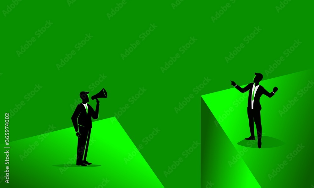 businessman shouting to another businessman with megaphone businessman shouting to another businessman with megaphone