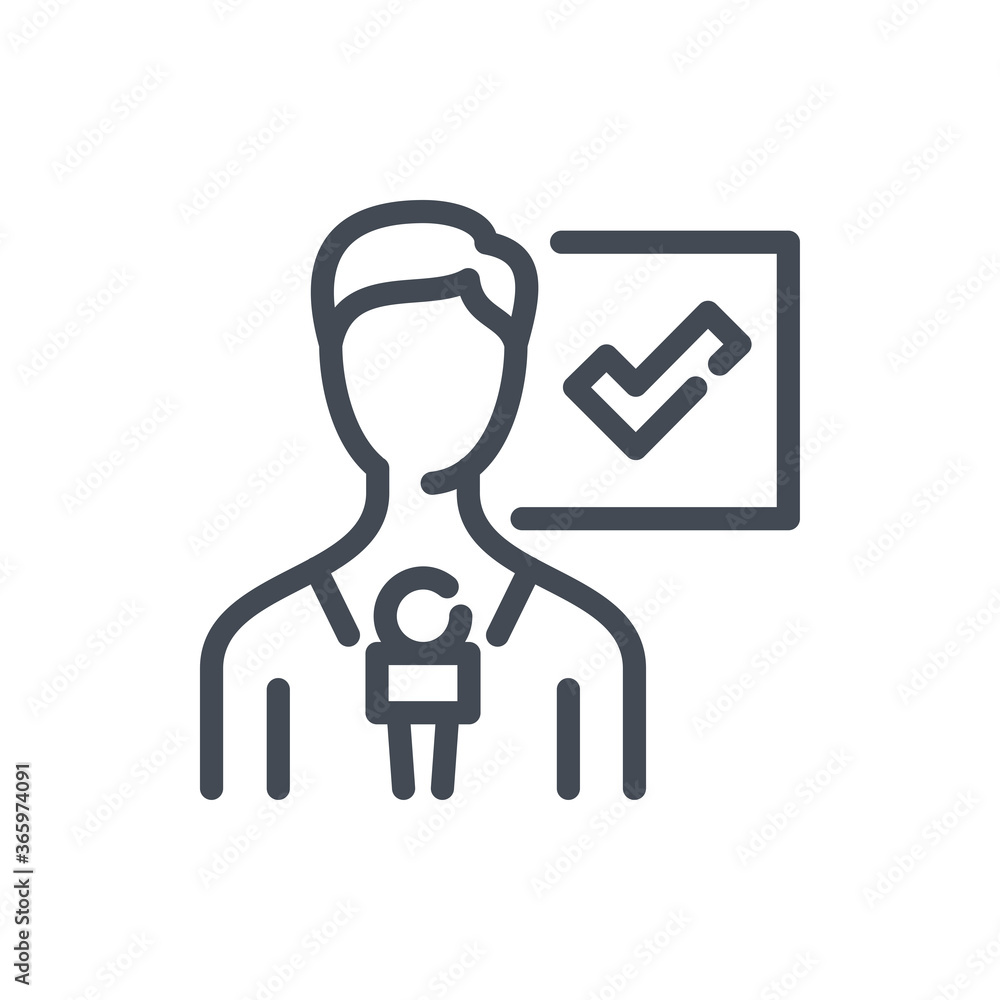 Newsmaker and Journalist with Microphone and Check Mark line icon. News Presenter with Microphone and Tick vector outline sign. Newsmaker and Journalist with Microphone and Check Mark line icon. News Presenter with Microphone and Tick vector outline sign.