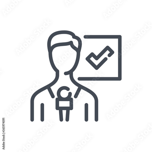 Newsmaker and Journalist with Microphone and Check Mark line icon. News Presenter with Microphone and Tick vector outline sign.