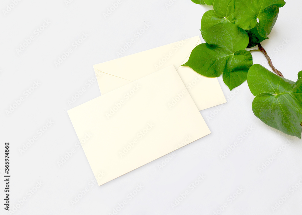 Envelope Mockup. Top view blank card on white background and green leaves. Envelope Mockup. Top view blank card on white background and green leaves.