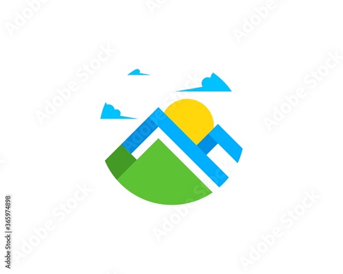 Free Download Circle shape with abstract mountain and sun - GFXLoad