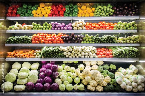 Bild auf Leinwand Fresh Vegetables and fruits on shelf in supermarket