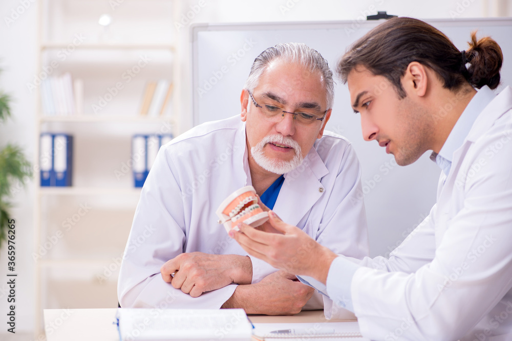 Fototapeta premium Experienced doctor dentist teaching young male assistant