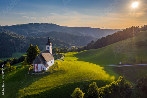 Obraz na plátně Sveti Andrej, Slovenia - Aerial drone view of Saint Andrew church (Sv