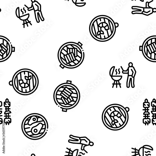 Bbq Barbecue Cooking Seamless Pattern Vector Thin Line. Illustrations