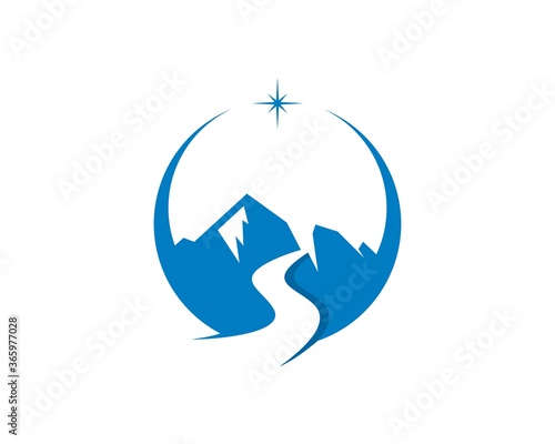 Circle swoosh with mountain and road