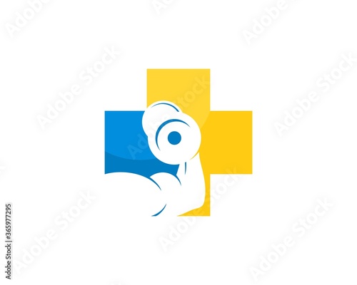 Yellow and blue health symbol with strong arm inside