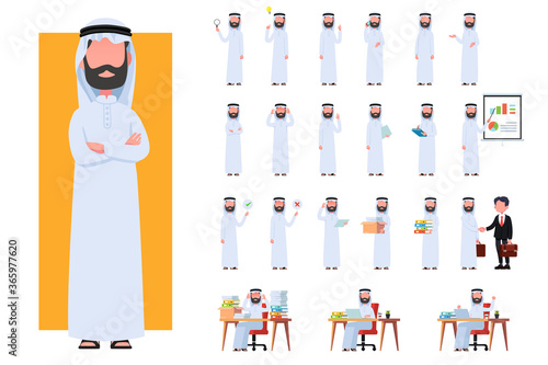 Diverse set of Arab man on white background. Muslim businessman with gadgets in flat design people characters.