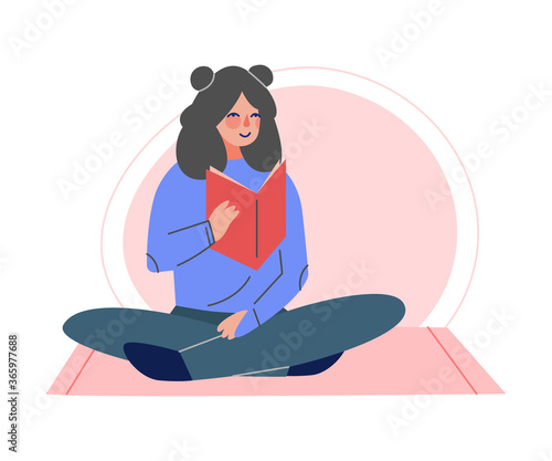 Girl Sitting on the Floor with Crossed Legs and Reading a Book, Female College or University Student, Young Woman Enjoying of Reading Literature Vector Illustration