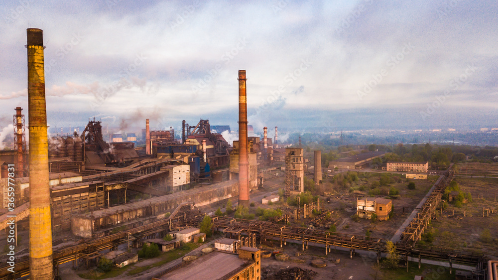 Fototapeta premium industry metallurgical plant dawn smoke smog emissions bad ecology aerial photography