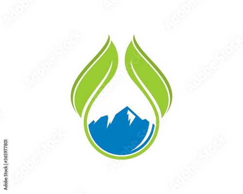 Water drop and nature leaf with mountain inside
