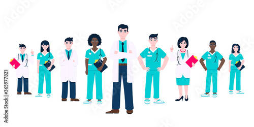 Successful doctors team of medical employee vector illustration isolated on white background. Hospital or medic clinic staff doctor, surgeon, nurse standing up with equipment.