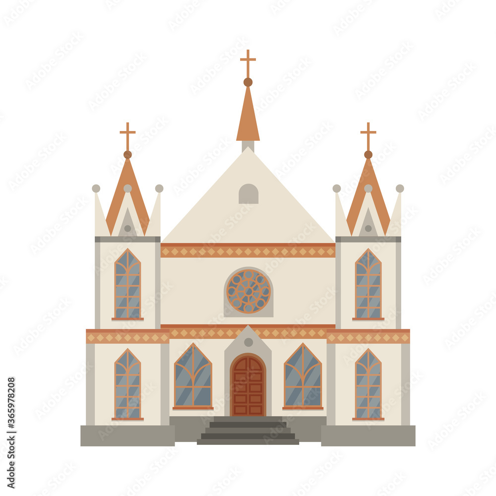 Catholic Church Religious Building, Cathedral Facade, Ancient Architectural Construction Vector Illustration