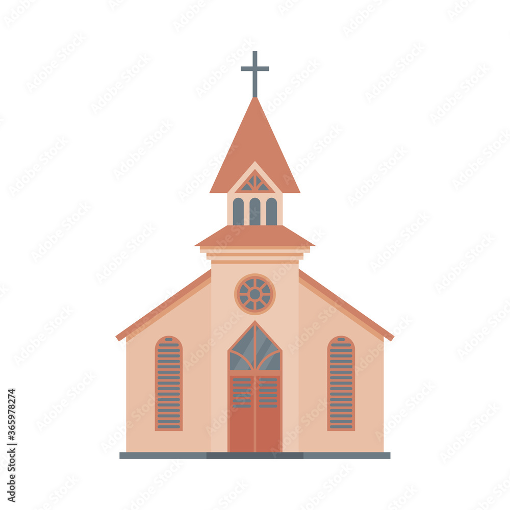 Catholic Church Building, Religious Temple Facade, Ancient Architectural Construction Vector Illustration