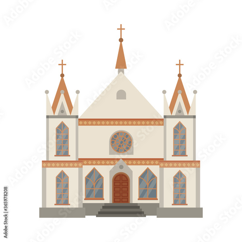 Catholic Church Religious Building, Cathedral Facade, Ancient Architectural Construction Vector Illustration