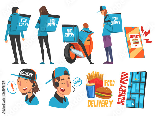 Food Express Delivery Service Set, Online Ordering, Couriers Wearing Blue Uniform Carrying Backpack Boxes Cartoon Style Vector Illustration