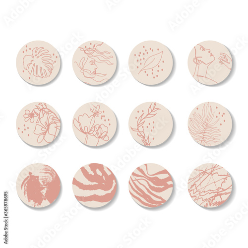 Stories Simple line style. Basic Stories Covers. Round texture and floral icons for social media stories. leaves, flowers and womens faces. Set of various vector highlight covers. Abstract backgrounds