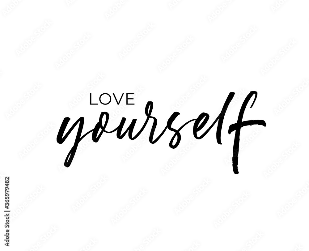 Love yourself ink brush vector lettering. Modern slogan handwritten vector calligraphy. Black paint lettering isolated on white background. Motivational and inspirational postcard, greeting card. 