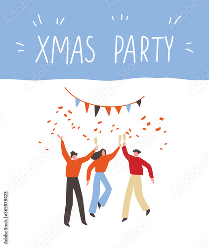 Christmas, xmas eve party. People simple minimal style celebrate Christmas. People at the party dance. Happy friends.