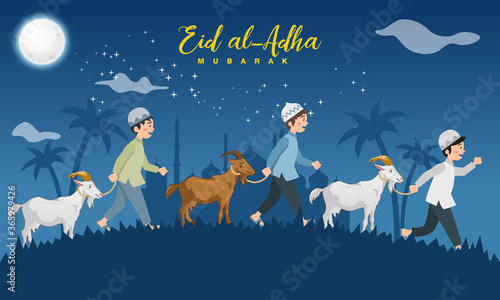 Eid al Adha greeting card. cartoon muslim boys take a goat for sacrifice with with full moon, stars and mosque as background. Vector illustration for Eid greeting card, banner and poster