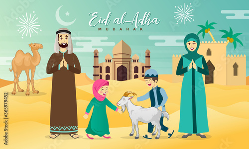 Eid al Adha greeting card. cartoon arab family celebrating Eid al Adha with desert, camel and mosque as background. vector illustration