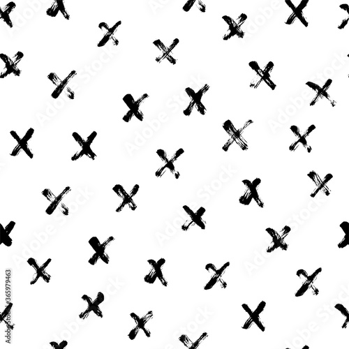 Black crosses vector seamless pattern. Hand drawn cross and plus sign. Black paint brush strokes geometrical pattern for wallpaper, web page background, textile design, graphic design. 