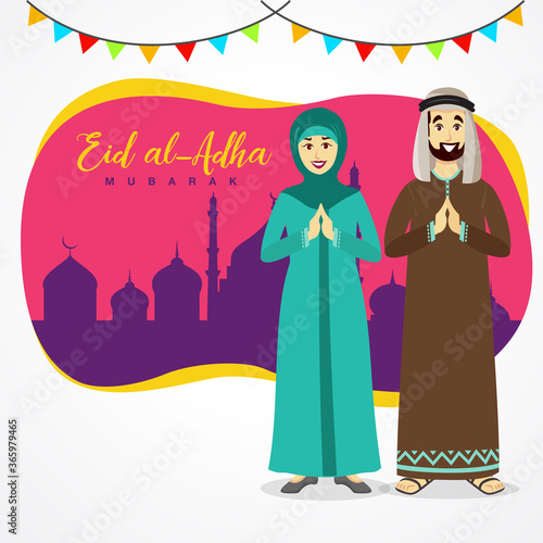 Eid al Adha greeting card. cartoon arab couple celebrating Eid al Adha with mosque as background. vector illustration
