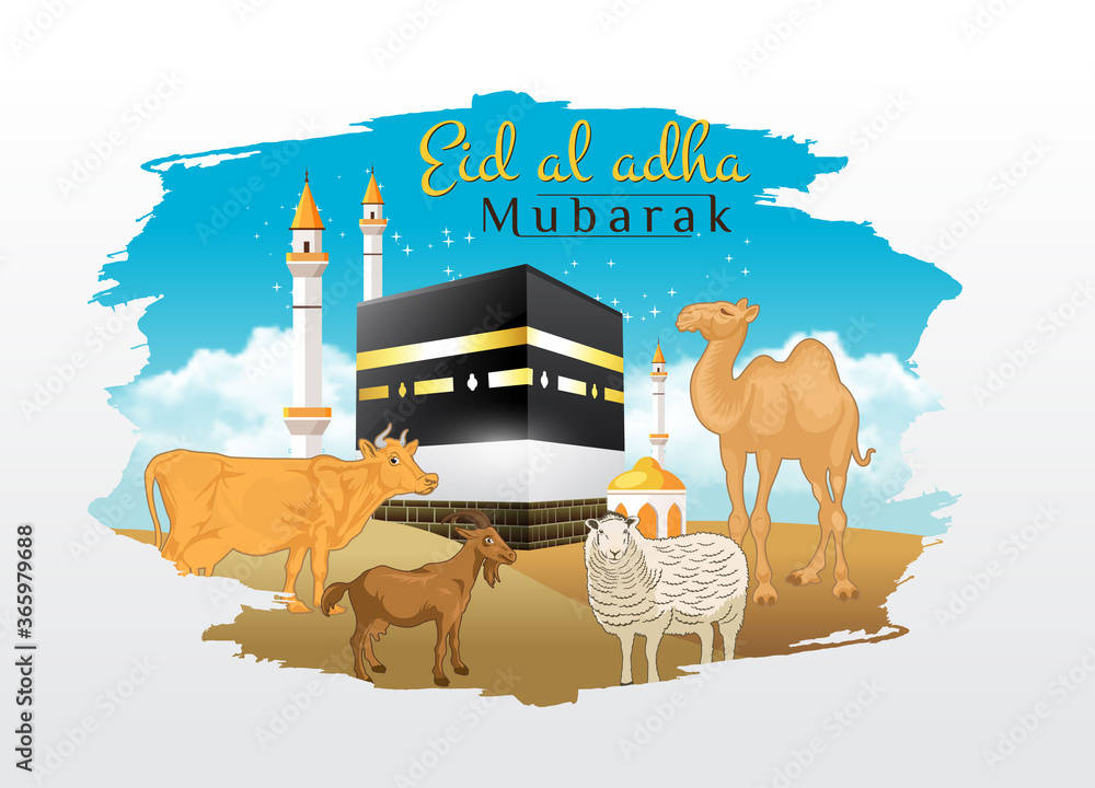 Eid al Adha greeting card with goat, sheep, cow, camel with kaaba as