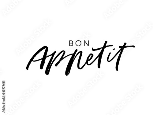 Bon appetit ink brush vector lettering. Modern slogan handwritten vector calligraphy. Black paint lettering isolated on white background. Motivational and inspirational postcard, greeting card