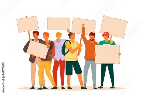 Striking man. Angry aggressive riot or cheering crowd demonstrator with banner. Vector people raised fist and sign on meeting, protest illustration. Striking man isolated on white background