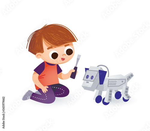Boy assembling, building robot dog with screwdriver. Engineering for kids. Boy playing with interactive toy. Intelligence robotic dog or artificial pet friend. Child with robot dog. Digital cyber dog
