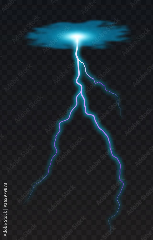Vector illustration of a realistic style of blue glowing lightning isolated on a dark background, natural light effect. Magic white thunderstorm lightning element