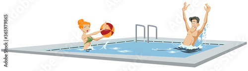 Couple playing with beach ball in swimming pool. Funny people