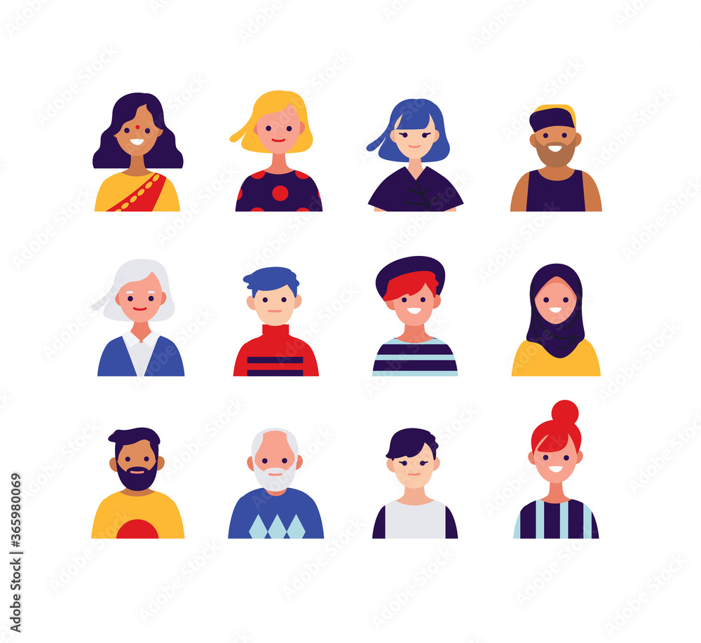 Collection, mix of Multicultural characters. Portraits of men and women. International people. Different face expressions. Collection, mix of Multicultural characters. Portraits of men and women. International people. Different face expressions.